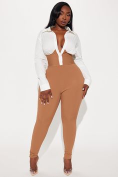 Available In White/combo. Jumpsuit Long Sleeve Collar Button Front Bandage Bottom Skinny Stretch Self 1: 60% Cotton 35% Nylon 5% Spandex Self 2: 90% Polyester 10% Spandex Imported | Let's Get Serious Jumpsuit in White size XS by Fashion Nova High Waist Bodysuit For Work, Fitted Solid Bodysuit With Button Closure, Fitted Bodysuit With Button Closure, Chic Stretch Bodysuit With Button Closure, White Fitted Bodysuit For Workwear, Fitted Bodysuit With Button Closure For Work, Fitted High Waist Bodysuit For Work, Chic Fitted Bodysuit With Button Closure, Jumpsuit Long Sleeve