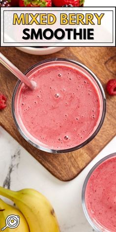 overhead photo of a mixed berry smoothie in a glass with a metal straw and recipe title block at the top. Quick Smoothie Recipes, Quick Smoothies, Mixed Berry Smoothie, Berry Smoothie Recipe, Yogurt Flavors, Big Breakfast, How To Make Smoothies, Berry Smoothie