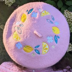 A wool beret with embroidery inspired by fresh lemonade on a hot summer day. Perfect addition to an outfit for a touch of pink and citrus! Casual Cotton Beret For Spring, Trendy Embroidered Spring Hats, Pink Embroidered Spring Hat, Fresh Lemonade, Wool Beret, Clothing Design Sketches, Wool Berets, Mexican Culture, Pink Lemonade