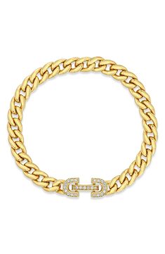 A goes-with-everything curb-chain bracelet closed by a pavé-diamond horsehoe clasp adds a touch of equestrian charm to your look. 6 1/2" length; 1/4" width Total diamond weight: 0.25ct. Color: F–G Clarity: SI2 14k gold/diamond Made in the USA >Diamond Guide Luxury Diamond Bracelet With Curb Chain, Luxury Gold Bracelet With Curb Chain, Luxury Diamond Bracelet With Gold Chain, Luxury Yellow Gold Diamond Bracelet With Curb Chain, Luxury Cuban Link Gold Chain Bracelet For Formal Occasions, Curb Chain Bracelet, Zoe Chicco, Diamond Guide, Curb Chain