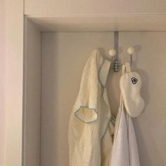 two towels hanging from hooks on a wall