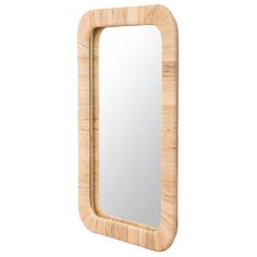 a wooden mirror hanging on the wall