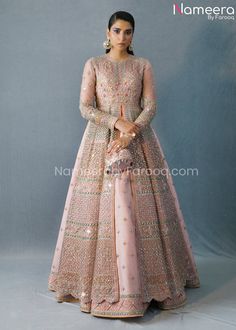 Buy Pakistani Bridal Gown in Open Style with Lehenga is adorned with sequins, naqshi, and threads. The stunning Pakistani Wedding Dress is available Online Pakistani Bridal Gown, Nameera By Farooq, Pakistani Bridal Dress, Raw Silk Lehenga, Desi Wedding Dresses, Organza Gowns, Pakistani Wedding Dress, Pakistani Bridal Dresses, Lehenga Designs