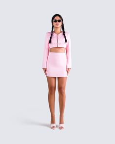 The perfect matching set for when you're feeling a little extra sweet 💕 Featuring a pink heart button jacket, paired with a high waist mini skirt - this look will make it impossible for everyone not to fall in love with you 😌 Pink Long Sleeve Sets For Day Out, Feminine Pink Skirt For Night Out, Chic Pink Long Sleeve Sets, Chic Pink Mini Skirt For Day Out, Feminine Fitted Sets With Mini Length, Chic Pink Mini Skirt, Feminine Pink Outerwear For Party, Pink Fitted Mini Skirt For Day Out, Feminine Pink Mini Skirt For Day Out