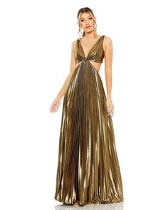 Pleated Metallic Cutout Gown - FINAL SALE Party Gown With Pleated Back In Maxi Length, Prom Season Party Gown With Pleated Back, Party Evening Dress With Pleated Back, Pleated Back Gown For Prom Season Party, Party Maxi Dress With Pleated Back, Metallic Floor-length Evening Dress For Night Out, Metallic Maxi Length Prom Dress, Glamorous Floor-length Evening Dress With Pleated Back, Glamorous Metallic Maxi Evening Dress