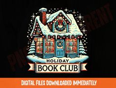 the holiday book club logo is shown in front of an orange and black background with snow