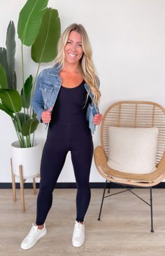 The Juniper Jumpsuit is the perfect choice for running errands, going for a walk or lounging around the house! Plus, it come in two colors, black and green! Crafted in a comfortable stretchy material, adjustable straps and removable pads. Style with sneakers for a fun look! 80% Recycle Polyester, 20% Spandex Runs true to size, model wearing size Small Fabric has stretch Lightweight Pockets Removable pads Adjustable straps Inseam: 26" Patterns may vary Colors may vary from different viewing devic Black Workout Jumpsuit Outfit, Sport Jumpsuit Outfit, Workout Jumpsuit Outfit, Black Jumpsuit Outfit Casual, Long Jumpsuit Outfit, Full Bodysuit Outfit, Black Full Bodysuit, How To Style Jumpsuit, Style With Sneakers