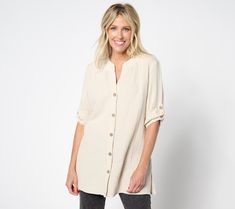 A gauzy big shirt is a sure bet for all things summer like beachy getaways and backyard barbecues. It's all-cotton construction makes it the ideal fabric to keep you comfy while its relaxed design keeps you looking cute (even when the temps won't quit). Hook-and-loop front closures provide easy functionality. From Denim & Co.® Fashions. Summer Beach Shirt With Roll-up Sleeves, Summer Vacation Shirt With Roll-up Sleeves, Beige Relaxed Fit Blouse For Vacation, Vacation Beige Relaxed Fit Blouse, Relaxed Beach Tops With Shirttail Hem, Relaxed Shirttail Hem Tops For Beach, Summer Blouse With Roll-up Sleeves In Relaxed Fit, Beach Tops With Roll-up Sleeves And Relaxed Fit, Big Shirt