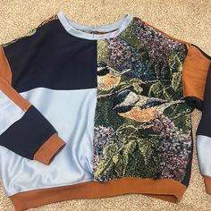 Brand New From An Upcycler On Instagram Jacquard Knit Relaxed Fit Long Sleeve Top, Blue Patchwork Crew Neck Top, Blue Patchwork Top For Winter, Winter Blue Patchwork Top, Blue Patchwork Casual Sweater, Blue Patchwork Sweater For Fall, Casual Blue Patchwork Sweater, Patterned Jacquard Knit Crew Neck Tops, Blue Patchwork Crew Neck Sweater