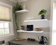 there is a shelf with plants and other items on it in the corner of this room