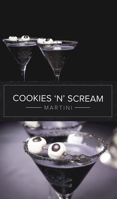 two martini glasses with cookies'n cream in them and the words martini on top