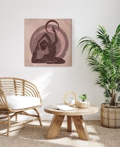 a living room with two chairs and a table in front of a painting on the wall