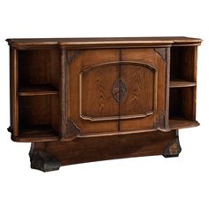 an old wooden cabinet with two doors and shelves on one side, isolated against a white background