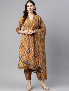 Ethnic Motifs Printed Thread Work Pure Cotton Straight Kurta Set PRODUCT DETAILS  Mustard yellow, blue & white printed Kurta with Palazzos with dupatta Kurta design: Ethnic motifs printed Straight shape Regular style V-neck, three-quarter regular sleeves Na pockets thread work detail Calf length length with straight hem Pure cotton knitted and woven fabric Palazzos design: Printed Palazzos Elasticated waistband Drawstring closure Size & Fit The model (height 5'8) is wearing a size S Material & C Navratri Yellow Palazzo Set With Printed Motifs, Yellow Palazzo Set With Printed Motifs For Navratri, Traditional Yellow Palazzo Set With Printed Motifs, Yellow Palazzo Set With Printed Motifs In Traditional Drape, Yellow Palazzo Set With Printed Motifs And Traditional Drape, Yellow Salwar Kameez With Printed Motifs For Navratri, Navratri Yellow Salwar Kameez With Printed Motifs, Yellow Navratri Salwar Kameez With Printed Motifs, Yellow Printed Palazzo Set For Diwali