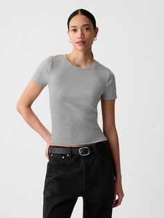 Modern Rib Cropped T-Shirt Trendy Everyday Gap Tops, Basic Stretch Gap T-shirt, Basic Ribbed Cropped T-shirt With Crew Neck, Casual Ribbed Cropped T-shirt For Everyday, Gap Stretch Cotton T-shirt, Stretch Cropped T-shirt For Everyday, Trendy Gap T-shirt For Spring, Gap T-shirt For Everyday Spring Wear, Fitted Gap T-shirt