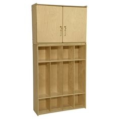 a wooden storage cabinet with doors and shelves