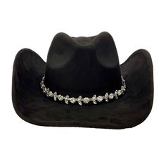 Faux sueded western hat with teardrop crown. Sharp up turned side brim, 3.5" wide. Stunning rhinestone floral band. Underwelt brim. Drawstring to reduce size. Faux suede is a smooth synthetic material that feels like suede to the touch. 100% polyester. Western Hats With Bling For Rodeo, Western Style Hat With Bling And Curved Brim, Western Style Bling Hats For Rodeo, Western Bling Hat For Rodeo, Brimmed Hats With Rhinestones For Country Events, Country Style Rhinestone Hats For Rodeo, Western Wide Brim Hat With Bling, Western Style Adjustable Hat With Rhinestone Fringe, Adjustable Rhinestone Hat Bands For Western-themed Events