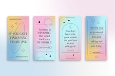 three vertical bookmarks with different quotes on the front and back covers in pastel colors