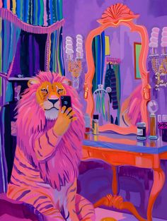 a painting of a lion taking a selfie in front of a dressing room mirror