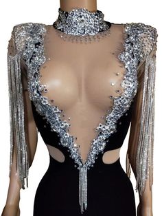 Tassel Jumpsuit, Elegant Bodysuit, Black Mesh Bodysuit, Pole Dancing Clothes, Birthday Fashion, Stage Costume, Mesh Bodysuit, Rhinestone Dress, Jumpsuit Fashion