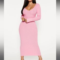 Brand New With Tags! This Item Is Very Stretchy! Size Small But Fits A Medium. Model Pictures From Website Attached Above. Winter Pink V-neck Midi Dress, Pink Winter V-neck Midi Dress, Pink V-neck Winter Midi Dress, Pink Ribbed Long Sleeve Dress, Pink Long Sleeve Ribbed Dress, Long Sleeve Ribbed Pink Dress, Ribbed V-neck Dress For Brunch, V-neck Ribbed Dresses For Brunch, Pink Fitted Maxi Dress For Winter