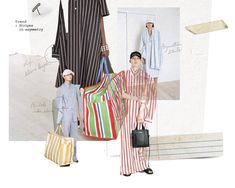 two men in striped outfits holding bags and standing next to each other with different types of clothing on them