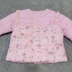 Type: Jacket Color: Pink Pattern: Flower Size: 2t/3t Closure: Button Cute Long Sleeve Outerwear With Buttons, Cute Winter Outerwear With Buttons, Cute Long Sleeve Outerwear With Button Closure, Cute Spring Outerwear With Buttons, Cute Long Sleeve Ruffled Outerwear, Cute Ruffled Long Sleeve Outerwear, Pink Ruffled Long Sleeve Outerwear, Pink Pattern, Pattern Flower