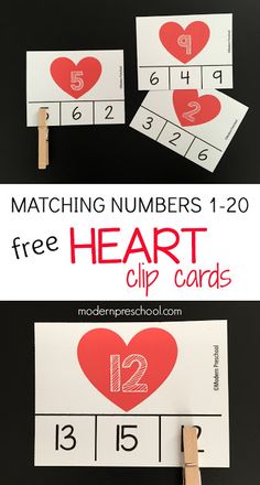 valentine's day printables for kids to practice numbers 1 - 20 with free heart clip cards