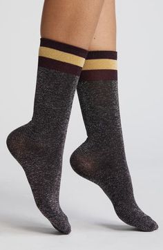 Bring a little sparkle to your day with shimmery metallic-knit socks topped by sporty contrast stripes. 80% cotton, 10% Chinlon nylon, 10% spandex Machine wash, line dry Imported Metallic Socks, Grey High Heels, Cashmere Socks, Sheer Socks, Metallic Knit, Designer High Heels, Sheer Tights, Fishnet Tights, Socks And Hosiery