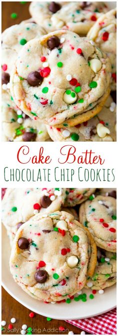 chocolate chip cookies with sprinkles and white chocolate chips are stacked on top of each other