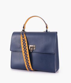 Width: 12 inches Height: 11 inches Depth: 4.5 inches One main compartment under the flap secured by hinge lock. One inside zippered pocket. Meticulously handcrafted woven handle. Material:Faux leather. Satchel Tote Bag, Purse Strap, Luxury Women, Blue Bags, 11 Inches, Hinges, Luxury Bags, Top Handle, Clutch Bag