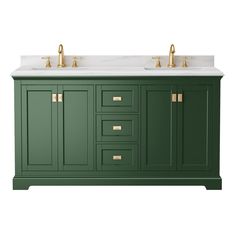 a green bathroom vanity with two sinks and gold faucets