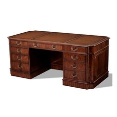 an executive desk with two drawers and one file drawer on the left side, in mahogany wood