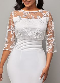 3/4 Sleeve Lace Patchwork Round Neck Dress | Rosewe.com - USD $44.98 Lace Patchwork Dress, White Knee-length Lace Dress For Summer, White Lace Dress With Lace Sleeves Knee-length, Luxury White Lace Knee-length Dress, White Knee-length Lace Dress With Lace Trim, White Lace Dress With Lace Bodice, Mini Length, Lace Dress Outfit, Lace Top Wedding Dress