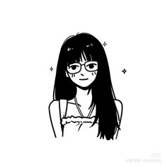 a black and white drawing of a girl with glasses