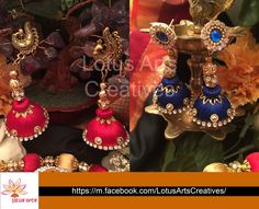 Raw red and blue silk thread jhumkas with studs and gold decoration to match. Perfect match for a lehenga or saree. Call or whatsapp +919840009398 to place your customised order. International and domestic orders accepted. https://m.facebook.com/LotusArtsCreatives/ Silk Thread Jhumkas, Lotus Art, Silk Thread Jewelry, Thread Jewellery, Kids Hair Accessories, Gold Decor, Blue Silk, Ethnic Jewelry, Silk Thread