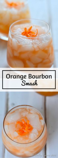 orange bourbon smash cocktail in glasses with text overlay