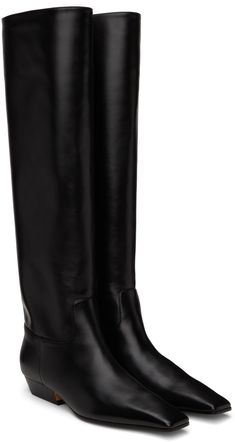 Knee-high buffed calfskin boots in black. · Square toe · Buffed leather lining · Stacked leather block heel with rubber injection · Leather sole · Heel: H1 in Supplier color: Black Luxury Calf Leather Knee-high Boots For Business, Classic Black Calf Leather Platform Boots, Luxury Black Calf Leather Knee-high Boots, Black Calf Leather Knee-high Boots With Leather Sole, Classic Black Calf Leather Knee-high Boots, Luxury Black Knee-high Boots With Leather Lining, Classic Black Mid-calf Boots In Calf Leather, Black Calf Leather Mid-calf Boots For Work, Classic Calf Leather Platform Boots For Business