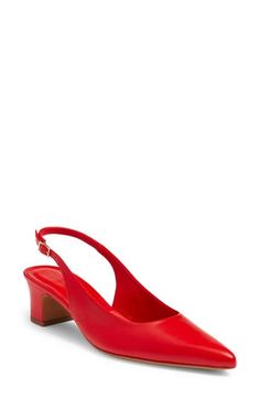 The label's elegant minimalism pervades a pointy-toe pump crafted from richly grained leather and set on a simple block heel. 2" (51mm) heel (size 8.5US / 38.5EU) Adjustable ankle strap with buckle closure Leather upper, lining and sole Made in Portugal Designer Shoes Red Slingback Pumps With Ankle Strap For Work, Red Ankle Strap Slingback Pumps For Work, Red Slingback Pumps With Sculpted Low Heel, Red Slingback Pumps With Sculpted Heel, Slingback Pumps With Sculpted Heel For Work, Red Sculpted Heel Slingback Pumps, Closed Toe Slingback Pumps With Sculpted Heel For Work, Red Slingback Pumps For Office, Elegant Red Slingback Pumps For Office