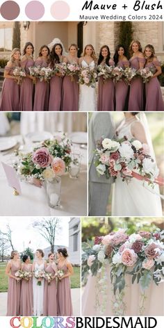 the bride and her bridals are all dressed in different shades of pink, white and