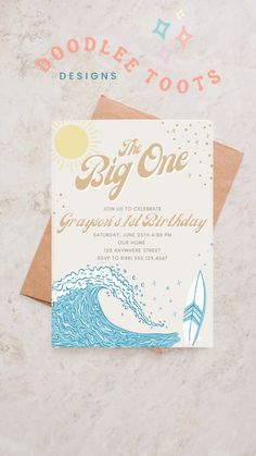 a birthday card with an image of a surfboard on it and the words, big one