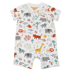 Organic Cotton 2-Pack Romper in Safari Pals Print – Mac & Moon Summer Short Sleeve Bodysuit For Loungewear, Organic Cotton Short Sleeve Onesie For Playwear, Organic Cotton Playwear Onesie, Cute Bubble Romper With Short Sleeves For Loungewear, Cute Short Sleeve Bubble Romper For Loungewear, Playful Short Sleeve Jumpsuits And Rompers For Playwear, Summer White Onesie For Bedtime, White Summer Onesie For Bedtime, Casual Cotton Bubble Romper For Bedtime