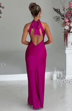 Etta Maxi Dress - Hot Pink Hot Pink Elegant Dress, Pink Dresses For Wedding Guest, Elegant Halter Neck Satin Dress, Hot Pink Dress Prom, Magenta Bridesmaid Dresses, Pink Backless Dress, Fuschia Bridesmaid Dresses, Dark Pink Dress, Hot Pink Bridesmaid Dresses