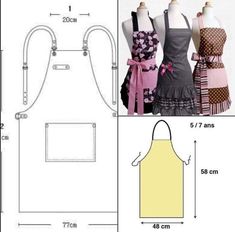 three aprons are shown with measurements for the apron, and one has an apron on it