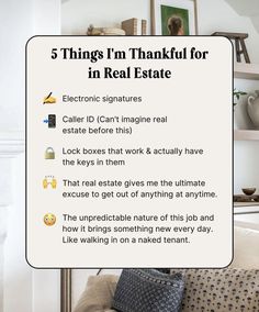 a sign that says 5 things i'm thank for in real estate on the couch