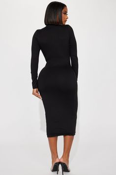 Available In Black, Cream, Blue, And Mauve. Midi Dress High Neck Long Sleeves Doubled Lined Stretch 96% Polyester 4% Spandex Imported | Efina Double Lined Midi Dress in Black size Small by Fashion Nova Mauve Midi Dress, Dress High Neck, High Neck Long Sleeve, Black Midi Dress, Black Cream, Mock Neck, Everyday Fashion, Fashion Nova, Black Fashion