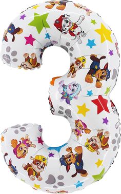 an inflatable balloon shaped like the number 3, with cartoon characters on it