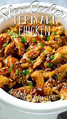 slow cooker teriyaki chicken in a white bowl