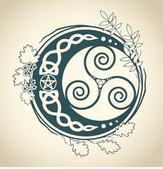 the celtic symbol is surrounded by leaves and branches, as well as an ornamental design