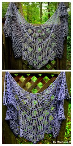 two pictures of the same shawl, one with leaves on it